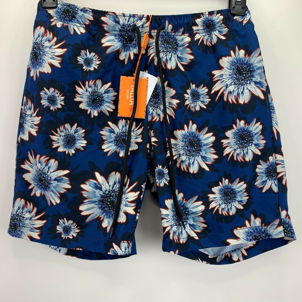 Tallia Mens Modern Fit Floral Print Swim Trunks Blue M